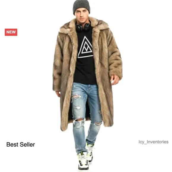 Long Faux Fur Coat Trench Jacket Men's Winter Elegant Classic Toggle Closure